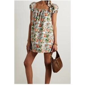 Doen Floral Puff-Sleeve Midi Dress in White, Peach & Green